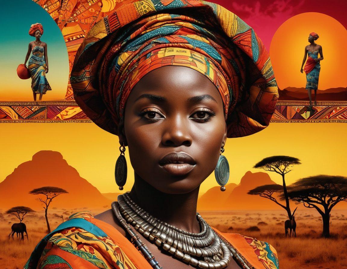 A bold collage featuring iconic scenes from African cinema, highlighting passionate expressions and vibrant cultural elements. Include striking colors, traditional costumes, and intense facial expressions, symbolizing the fearless exploration of desire and intimacy. Integrate elements like film reels and African landscapes to add depth and context. super-realistic. vibrant colors. dynamic composition.