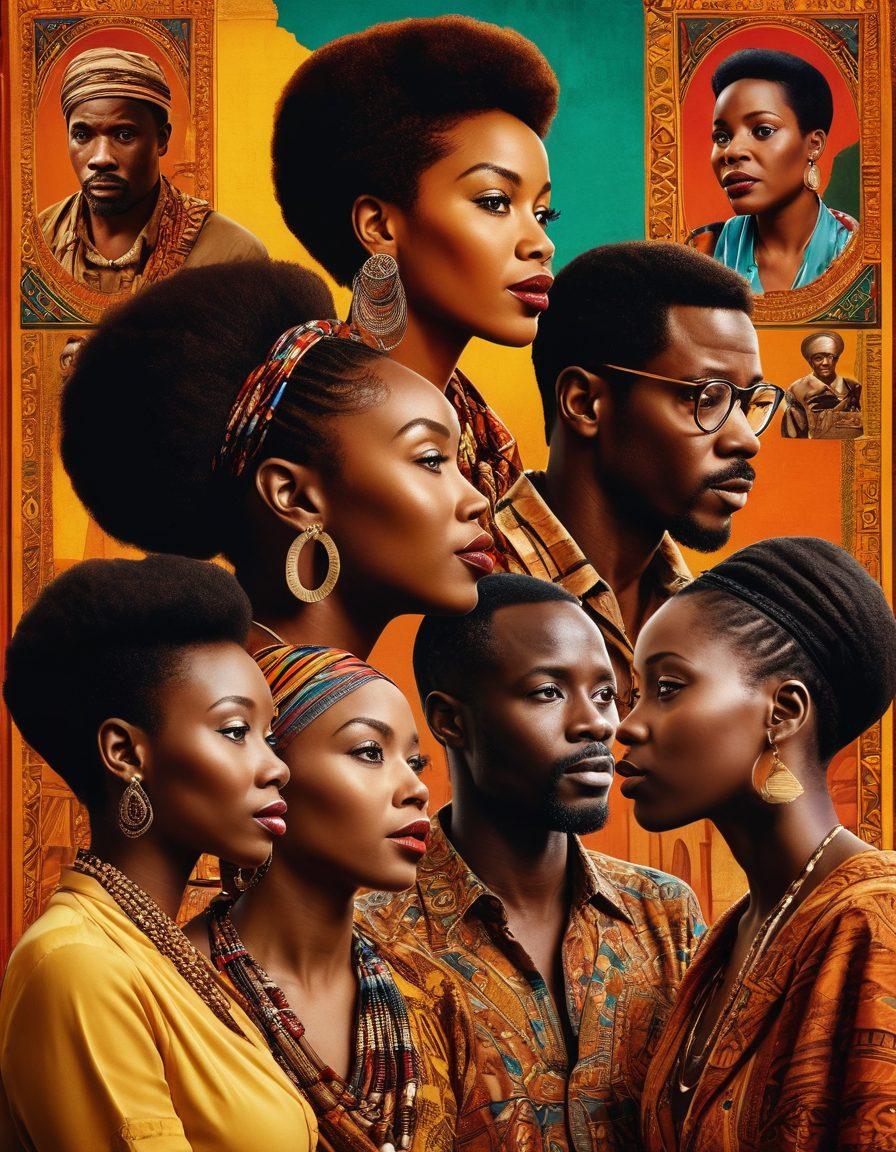 A captivating scene featuring a diverse group of adults engaged in a lively discussion about African cinema, surrounded by vibrant African motifs and film posters. The atmosphere is filled with sensuality and allure, showcasing elements symbolizing uncensored artistic expression such as film reels and camcorders. Include rich, warm colors to evoke the richness of African culture and cinema. vintage style. vibrant colors. close-up focus.